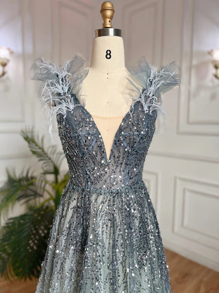 Feathered Fantasy: 2024 Dubai-Inspired Evening Gown with Sexy V-Neck and Beaded Blue Elegance - The Ultimate Choice for Weddings and Grand Soirees.