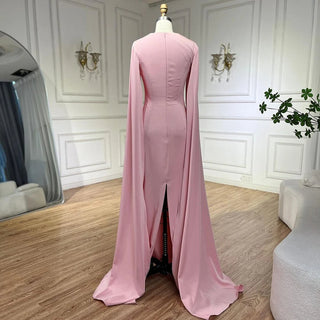 Arabic Blue Mermaid Evening Gown: Elegant Cape Sleeves, Beaded Satin Luxury - Women's Party Dresses 2024