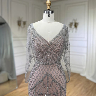 Dubai Glamour: 2024 Nude V-Neck Evening Dress with Crystal Embellishments, Sleeveless Shawl Yarn, and Formal Elegance