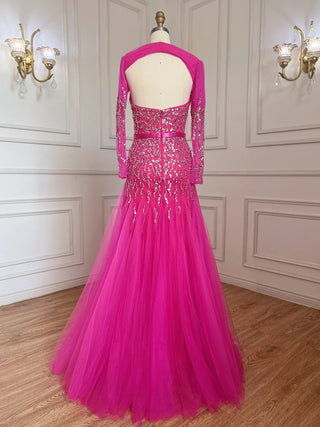 Arabic Sweetheart Fuchsia A-Line Long Sleeves Luxury Beaded Evening Gown - Perfect for Women's Party 2024
