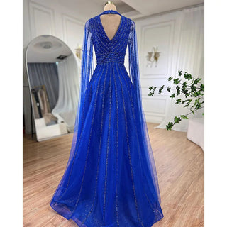 Arabic Blue A-Line Elegant Evening Dress: Luxurious Cape Sleeves with Beaded Embellishments for Women's Wedding Party 2024