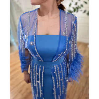 Beaded Feathers A-Line Cream Caftan Marocain Femme Evening Dress with Jacket - Gown for Party