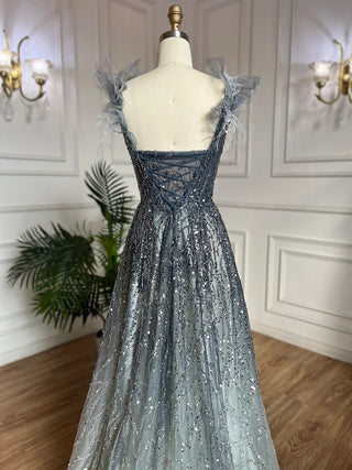 Feathered Fantasy: 2024 Dubai-Inspired Evening Gown with Sexy V-Neck and Beaded Blue Elegance - The Ultimate Choice for Weddings and Grand Soirees.