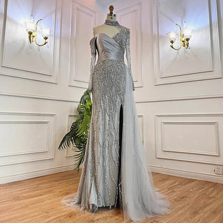 Arabic Blue Mermaid Evening Dress with High Split and Beading - Women's Wedding Party Gown (2024)