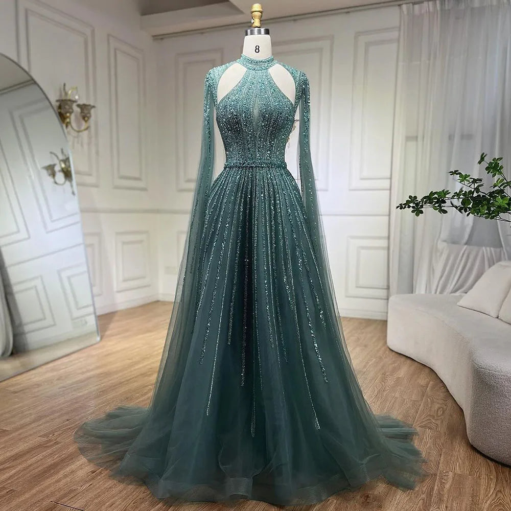 LEJY Women's Muslim Wedding & Evening Dress - Off Shoulder Arabic Lace Gown With Cap, Floor Length
