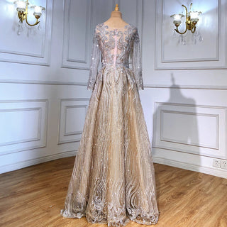 Brown A-Line Evening Dress 2024 - Beaded Long Sleeves V-Neck Luxury For Women's Formal Party Gown