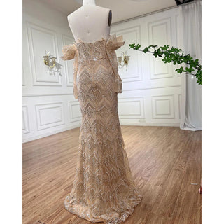 Arabic Beige Elegant Mermaid Boat Neck Pearls Beaded Dubai Evening Dress: Long Luxury Gown for 2024
