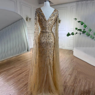 Arabic Turquoise Mermaid Evening Dress 2024 with Beaded Cape Sleeves, Elegant Luxury - Ideal for Women's Wedding Party