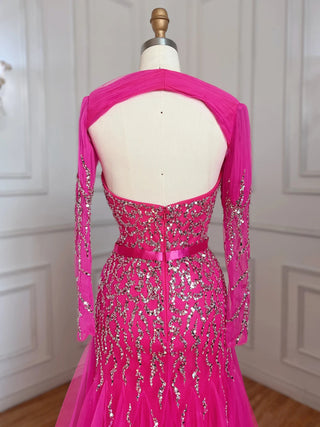 Arabic Sweetheart Fuchsia A-Line Long Sleeves Luxury Beaded Evening Gown - Perfect for Women's Party 2024