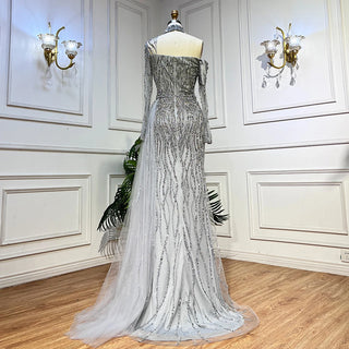 Arabic Blue Mermaid Evening Dress with High Split and Beading - Women's Wedding Party Gown (2024)