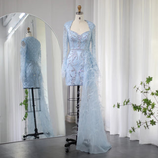 Custom-Made Feathered Dubai Short Evening Dress with Overskirt - Arabic Blue Lilac Mini Cocktail & Prom Dress