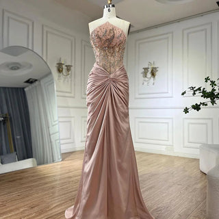 Blue Split Strapless Mermaid Luxury Beaded Arabic Dubai Evening Dress | Gown for Women's Wedding Party 2024