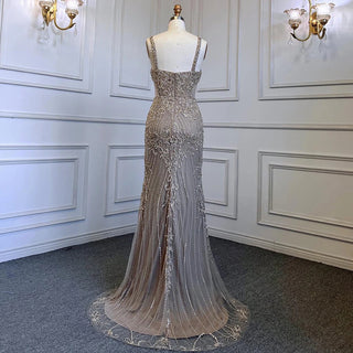 Arabic Grey Mermaid Evening Dress 2024 with Spaghetti Straps, Elegant Beaded Luxury - Ideal for Women's Party