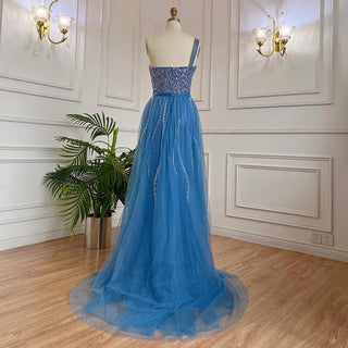 Blue One Shoulder High Split Mermaid Evening Dress with Beaded Overskirt - Elegant Gown for Women Party