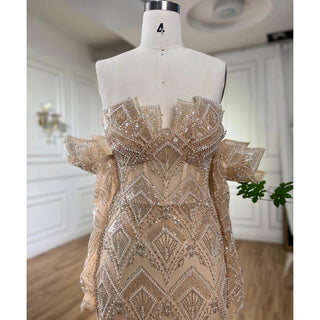 Arabic Beige Elegant Mermaid Boat Neck Pearls Beaded Dubai Evening Dress: Long Luxury Gown for 2024