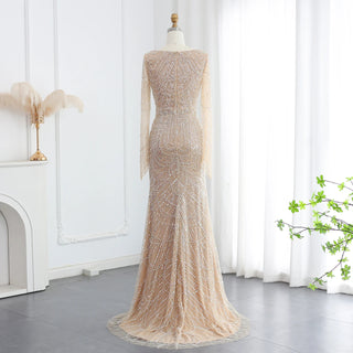 Dubai Luxury Black Beaded Mermaid Evening Gown with Long Sleeves - Arabic Champagne Formal Prom Dress