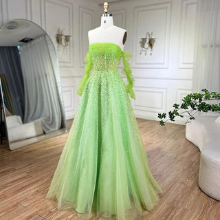 Arabic Beige A-Line Evening Dress 2024: Strapless, Beaded, Elegant - Ideal for Women's Wedding Party