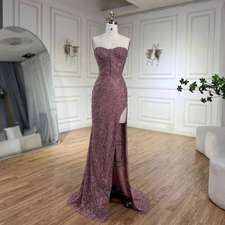 Ships in 1 to 3 Days - Arabic Turquoise Strapless High-Split Mermaid Beaded Luxury Evening Gown for Women Wedding Party 2024