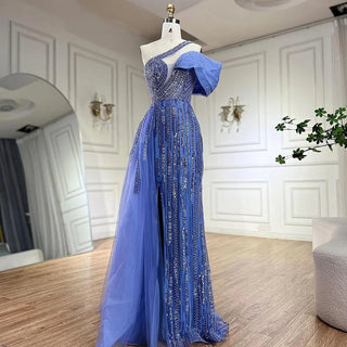 2024 Arabic Fuchsia One Shoulder Blue Beaded Luxury Dubai Evening Gowns with Side Skirt for Women's Party