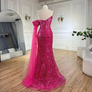 Ships in 1 to 3 Days - Arabic Blue Strapless Yellow High-Split Mermaid Beaded Luxury Evening Gown for Women Wedding Party 2024