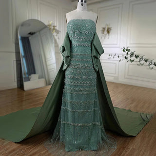 Arabic Sage Blue Elegant Mermaid Strapless Evening Dress: Beaded Sophistication for Women's Wedding Party 2024