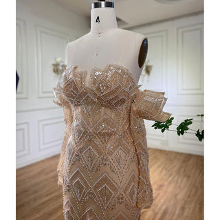Arabic Beige Elegant Mermaid Boat Neck Pearls Beaded Dubai Evening Dress: Long Luxury Gown for 2024