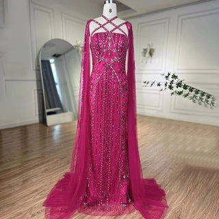 Arabic Luxury Dubai Mermaid Blue Evening Gown with Cape Sleeves and Beading for Women's Party 2024