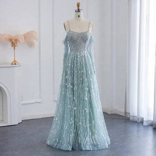Luxurious Dubai: Beaded Lilac Evening Dress for Women - Ideal for Elegant Sage Green Long Sleeve Formal Gowns at Wedding Parties