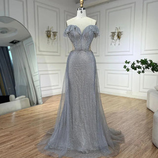 Luxurious Arabic Silver Mermaid Evening Gown with Detachable Train for Women's Party