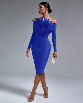 Ships in 1 to 3 Days - Blue Off-Shoulder Long Sleeve Mini Bandage Dress - Cut-Out Midi Club Dinner Evening Fashion Dress with Feather Detail