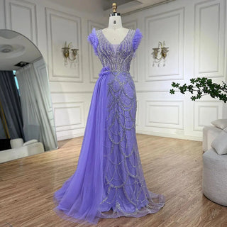 Arabic Dubai Lilac Mermaid with Overskirt Beaded Luxury Evening Dresses Gowns for Women Wedding Party 2024