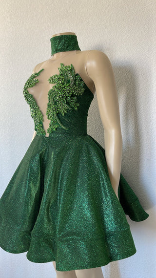 Chic Green Halter Mini Dress with Embellished Bodice and Full Skirt