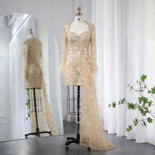 Custom-Made Feathered Dubai Short Evening Dress with Overskirt - Arabic Blue Lilac Mini Cocktail & Prom Dress