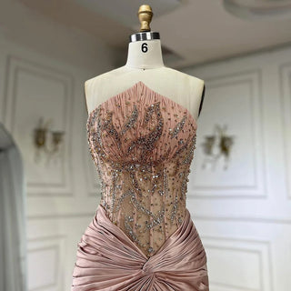 Blue Split Strapless Mermaid Luxury Beaded Arabic Dubai Evening Dress | Gown for Women's Wedding Party 2024