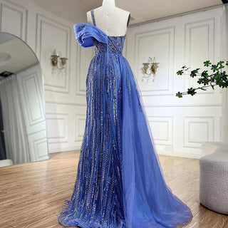 2024 Arabic Fuchsia One Shoulder Blue Beaded Luxury Dubai Evening Gowns with Side Skirt for Women's Party