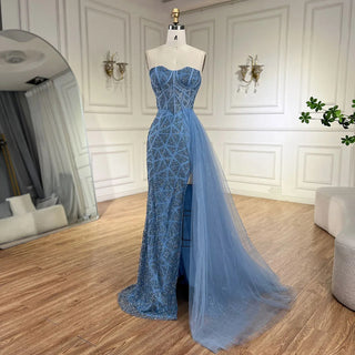 Ships in 1 to 3 Days - Arabic Turquoise Strapless High-Split Mermaid Beaded Luxury Evening Gown for Women Wedding Party 2024
