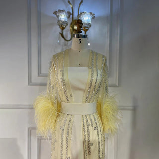 Beaded Feathers A-Line Cream Caftan Marocain Femme Evening Dress with Jacket - Gown for Party