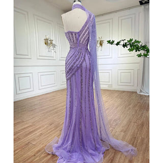 Arabic Pink Mermaid Evening Dress 2024 - Cape Sleeve, High Split, Beaded Gown for Women's Wedding Party