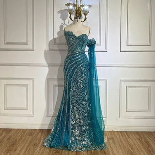 Ships in 1 to 3 Days - Arabic Blue Strapless Yellow High-Split Mermaid Beaded Luxury Evening Gown for Women Wedding Party 2024