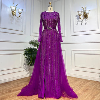 Dubai Fuchsia Elegance: Luxury Evening Dress with Long Sleeves, Overskirt, and Arabic-inspired Elegance for Women at Wedding Parties and Formal Events.