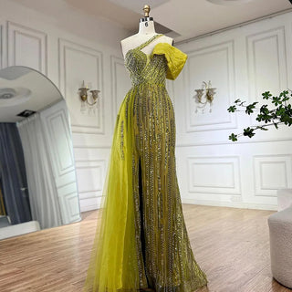 2024 Arabic Fuchsia One Shoulder Blue Beaded Luxury Dubai Evening Gowns with Side Skirt for Women's Party