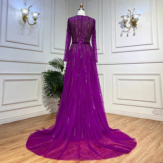 Dubai Fuchsia Elegance: Luxury Evening Dress with Long Sleeves, Overskirt, and Arabic-inspired Elegance for Women at Wedding Parties and Formal Events.