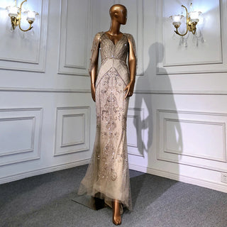 Dubai Glamour: 2024 Nude V-Neck Evening Dress with Crystal Embellishments, Sleeveless Shawl Yarn, and Formal Elegance