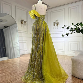 2024 Arabic Fuchsia One Shoulder Blue Beaded Luxury Dubai Evening Gowns with Side Skirt for Women's Party