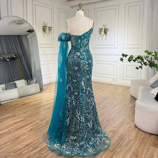Ships in 1 to 3 Days - Arabic Blue Strapless Yellow High-Split Mermaid Beaded Luxury Evening Gown for Women Wedding Party 2024