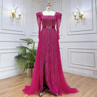 Dubai Fuchsia Elegance: Luxury Evening Dress with Long Sleeves, Overskirt, and Arabic-inspired Elegance for Women at Wedding Parties and Formal Events.