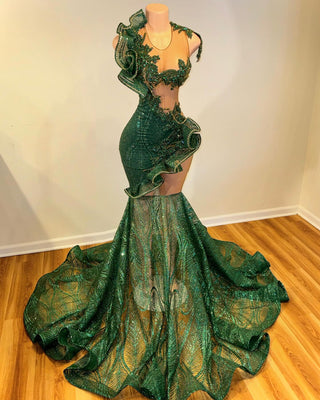 Extravagant Asymmetrical Green Mermaid Gown with Ruffled Details and Sheer Illusions