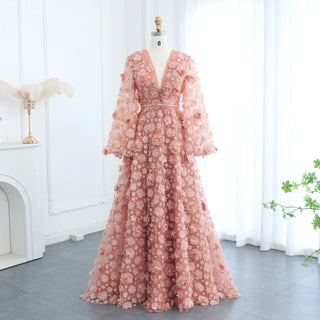 Blush Peach-Pink 3D Flowers Evening Dress with Bell Long Sleeves and V-Neck | Arabic Wedding Party Birthday Gown