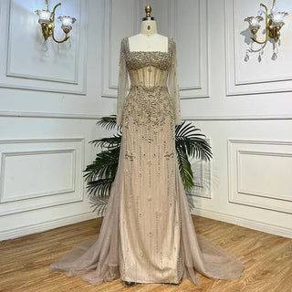 Dubai Luxury Beaded Pearls Caramel Mermaid Evening Dress - 2024 Elegant Square Neck Gown for Women's Party