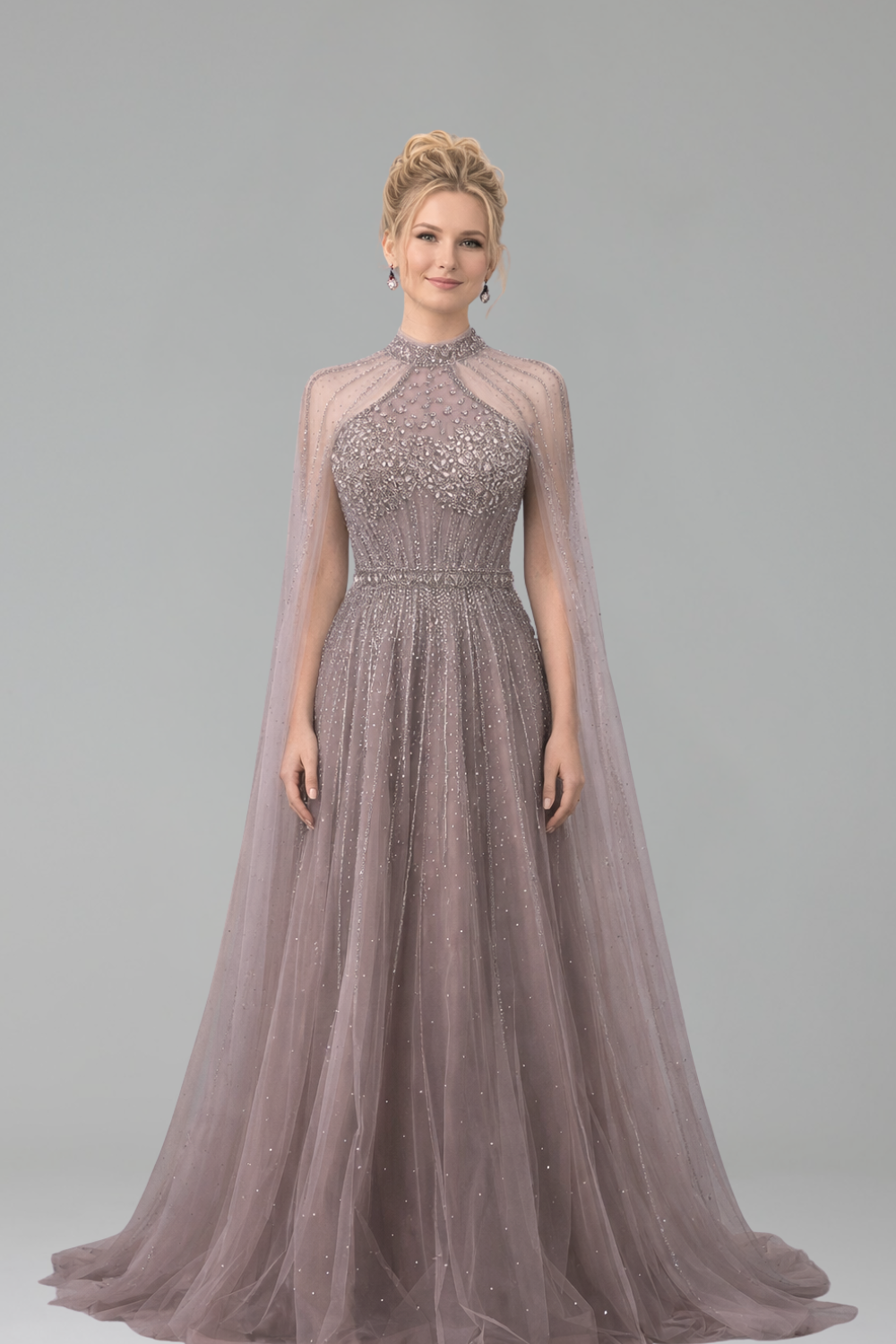 Crystal Beaded A-Line Cape Dress